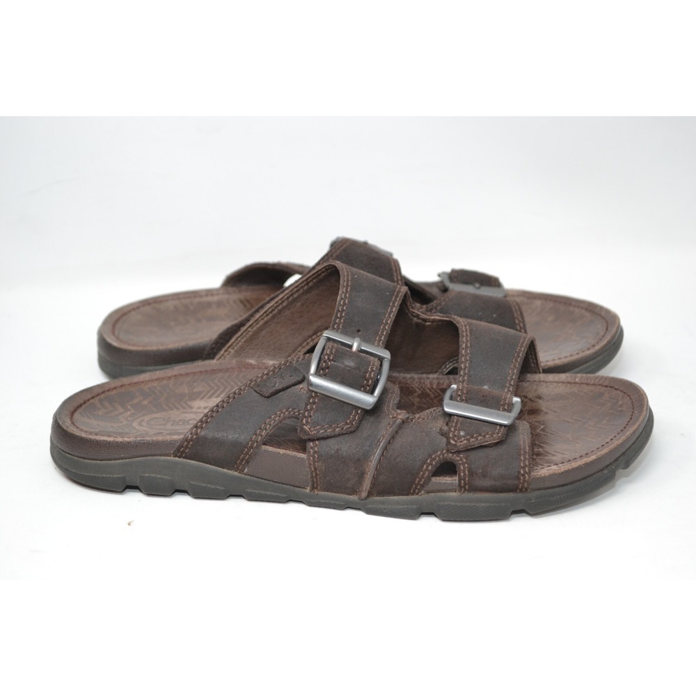 Chaco Elias Java‎ Brown Mens Leather 2 Strap Buckle Beach Sandal Size 8 Slip On